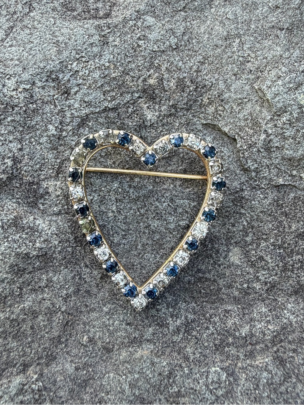 Vintage Heart Rhinestone Crystal Blue Halo Brooch